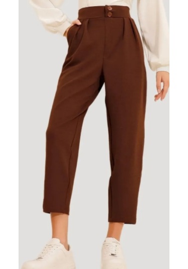 Çift Düğmeli Havuç Model Bilek Boy Kadın Kumaş Pantolon Kahverengi