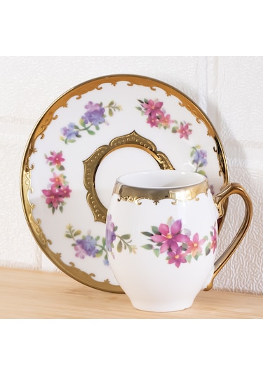 Porsima 3189 Aurora 12 Parça Yaldızlı Porselen Türk Kahve Fincan Takımı Çok Renkli