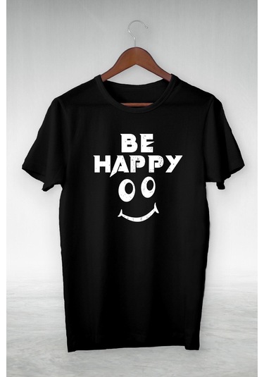 Unisex Siyah -be Happy Smile-ıllustrasyon Çizim -vip Tasarım Tshirt Siyah