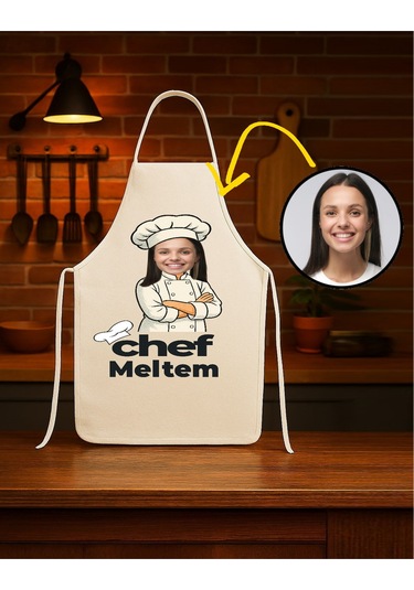 Kişiye Özel Karikatür Fotoğraflı Ve İsimli Mutfak Önlüğü Chef Tasarımlı 2 Krem