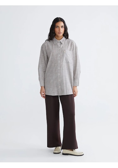 LC Waikiki Kahverengi Çizgili Oversize Poplin Kadın Gömlek Tunik