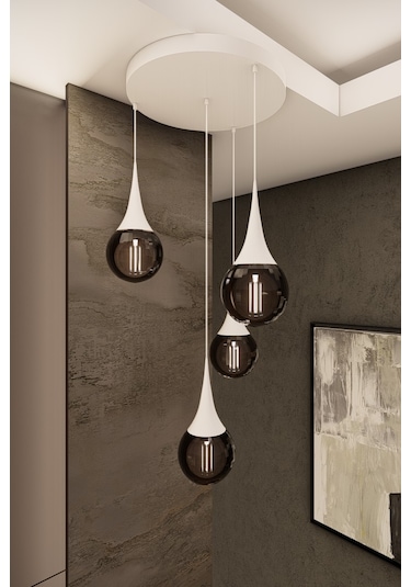 Liora Modern Beyaz Metal Avize - Füme Cam, 4'lü Sarkıt, E27 Duy,