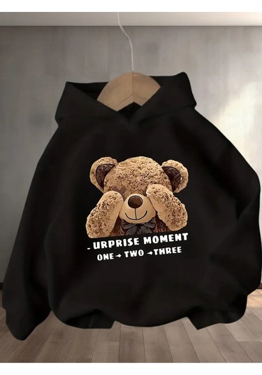 Kışlık Kapüşonlu Sweatshirt, Çocuk Ayı Suprise Baskılı SiYAH