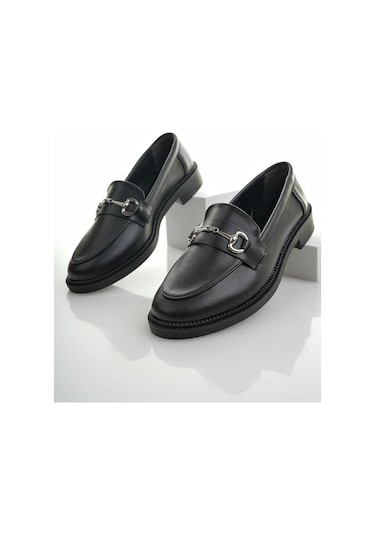 Muggo Sussie Garantili Metal Tokalı Kadın Loafer Günlük Ayakkabı Siyah