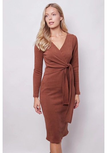 Kadın Hafif Likralı Triko Kruvaze Anvelop Bağcıklı Uzun Kol Diz Altı Uzun Elbise-fındık Kabuğu Fındık Kabuğu Kadın Hafif Likralı Triko Kruvaze Anvelop Bağcıklı Uzun Kol Diz Altı Uzun Elbise-fındık Kabuğu Fındık Kabuğu