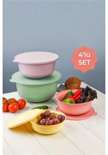Vienev Çok Renkli Tupy Kapaklı Kase 4lü Set