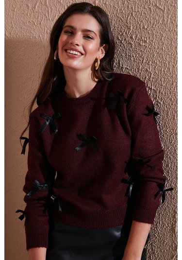 Lela Premium Regular Fit Bisiklet Yaka Fiyonk Detaylı Triko Bayan Kazak 680Kz00155 Bordo