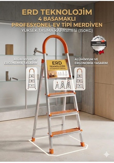 4 Basamaklı Profesyonel Ev Tipi Alüminyum Merdiven 150 Kg Taşıma Kapasitesi 4