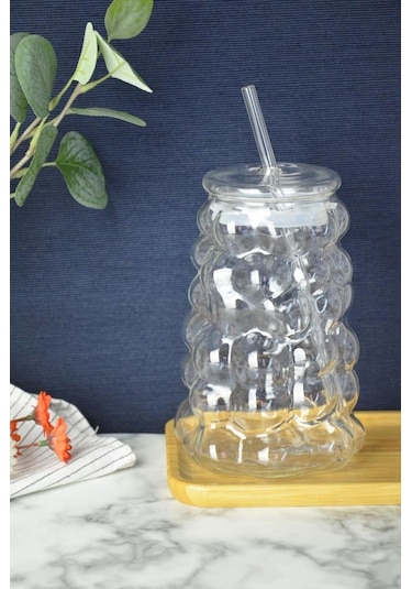 Mien Üzüm Desen Bubble Borosilikat Cam Pipetli Bardak 1 Litre Şefaf