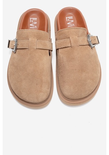 Vesta Toprak Süet Tokalı Hakiki Deri Kadın Burnu Kapalı Terlik Toprak