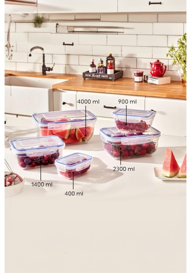 Dikdörtgen 10 Parça Contalı Vakumlu Sızdırmaz Hava Almaz Saklama Kabı Seti 2x 4000/2300/1400/900/400 Ml Şeffaf - Beyaz