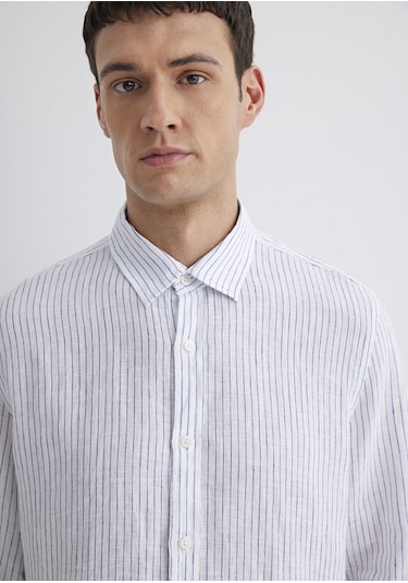 Mavi - Çizgili Keten Gömlek 0211634-90795 Renkli