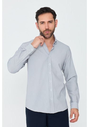 White Stone Füme İnce Çizgili Dynamic Fit Uzun Kollu Gömlek