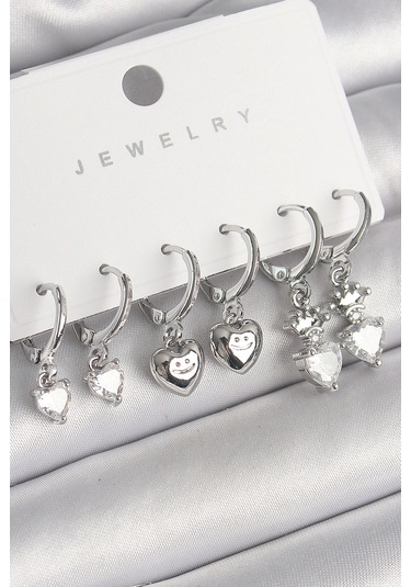 Shoecide Pirinç Gümüş Renk Sallantı Zirkon Taşlı Kalp Model Taç Detay Kadın Küpe Seti Çok Renkli