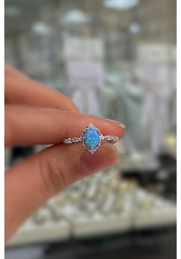 925 Ayar Gümüş Oval Mavi Opal Taşlı Vintage Yüzük Gümüş