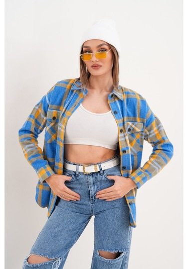 Kadın Desen Bloklu Oduncu Oversize Bol Ve Geniş Kalıp Casual Cepli Yakalı Ceket Gömlek Çok Renkli