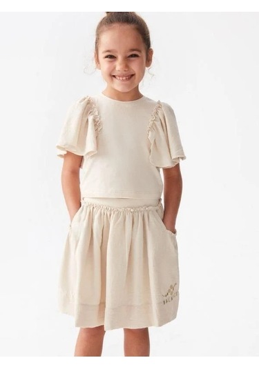 Kız Çocuk Cep Detaylı Etek-14099 Krem