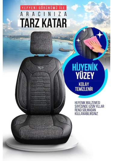 Füme - Gri Panda Bakü Serısı Keten Kumaş Oto Koltuk Kılıfı - Tam Set