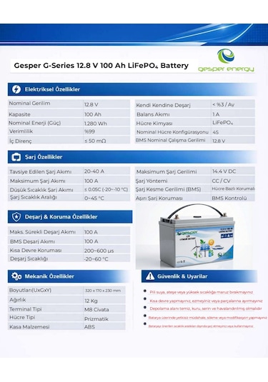 Gesper 12.8 V 100 Ah Lifepo₄ Lityum Akü