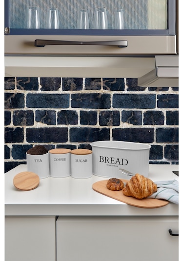 Ahşap Kapaklı Metal Ekmeklik, Çay, Kahve, Şeker 4'lü Set / Beyaz Beyaz