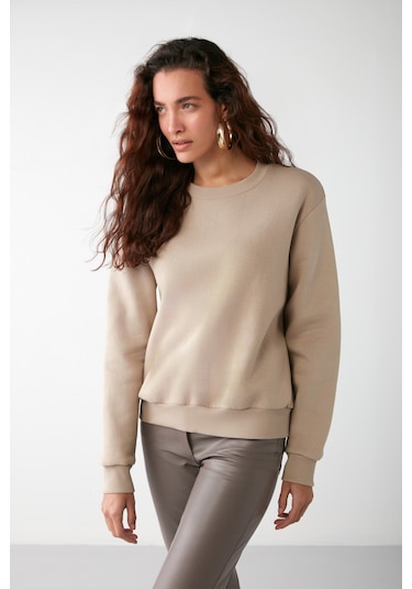 Vaneltına  Kadın Içi Polarlı 3 Iplik Organik Pamuk Oversize Basic Bisiklet Yaka Vizon Sweatshirt