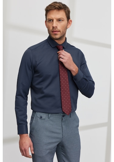 AC&Co / Altınyıldız Classics Erkek LACI Kolay Ütülenebilir Slim Fit Dar Kesim İtalyan Yaka Armürlü Gömlek Lacivert