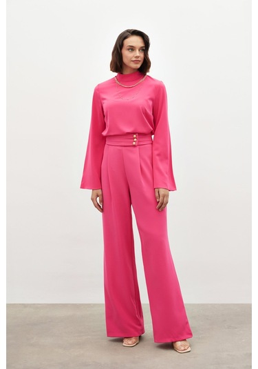 Sateen Bel Detaylı Pantolon - Pembe-134553 Pembe