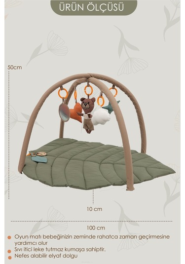 Mordesign Bebek Oyun Alanı,ayı Bebek Aktivite Matı,yaprak Oyun Matı, Bebek Egzersiz Set,baby Gym Seri, Haki