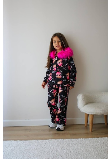 Kız Çocuk Peluş Kapüşonlu Alt Üst Sportif Eşofman Takımı Fermuar Kapamalı Pembe