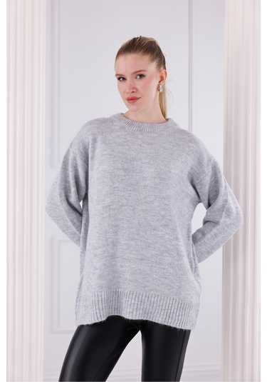 Bisiklet Yaka Oversize Basic Triko Kazak Gri