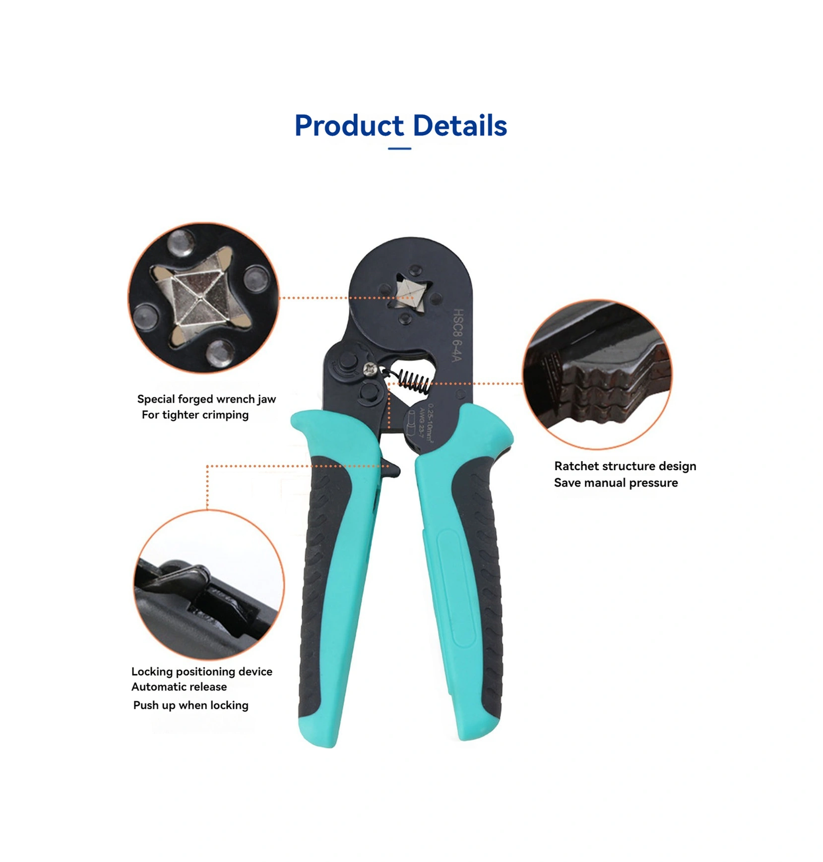 Padalink Hsc8 6-4a Dört Köşeli Boru Tipi Terminal Presi, 0.25-10m Soğuk Presleme Aracı, Portakal-siyah Kaymazsız Kollü El Aleti