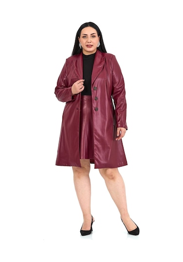 Büyük Beden Cepli Düğme Kapamalı Astarlı Suni Deri Bordo Kaban Bordo