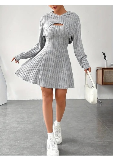 Kadın Uzun Kollu Kapüşonlu Ceket Üst Ve Askısız Kare Yaka A Kesim Şardonlu Kaşkorse Elbise Gri