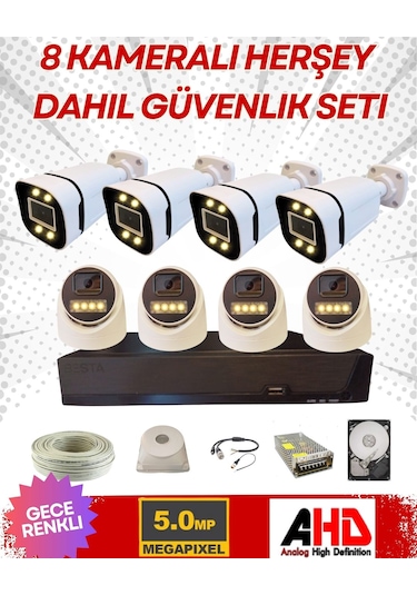 4 İç 4 Dış 8 Kameralı Gece Renkli Sesli 5 Mp 2 Tb Hdd Dahil Ahd Güvenlik Kamera Seti - St582sw