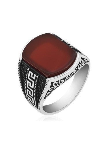 Grek Desenli Akik Taşlı 925 Gümüş Erkek Yüzük Beyaz