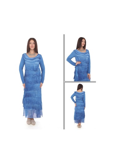 Italyan 2 Beden İnce Gösteren Kat Kat Uzun Kol Taşlanmış İpek Elbise Mavi