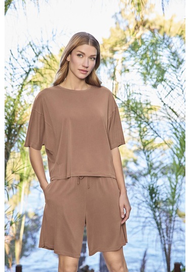 Monamise Kadın Kısa Kollu Bisiklet Yaka Alt Üst Takım 25072 Kahve