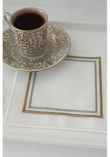Çerçeve Nakışlı Keten Kare Bardak Altlığı Seti 6 Lı Çok Renkli