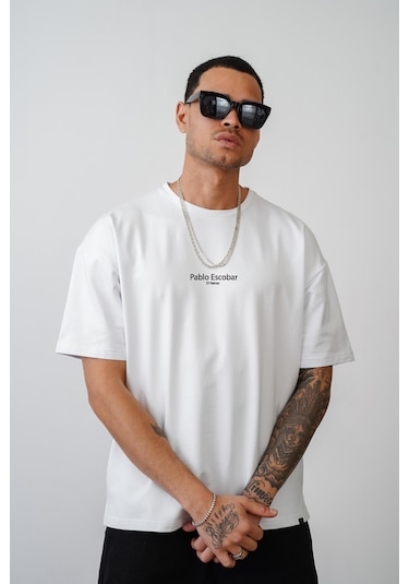 King-Brich Oversize Kalıp Pablo Escobar İs Calling Baskılı Unisex Tişört Beyaz