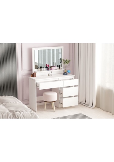 Duru Makyaj Masası, 4 Çekmeceli, Aynalı, Raflı, Beyaz