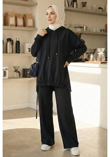 Bestenur Kapüşonlu Tunik Pantolon Takım 1682 - Siyah Siyah