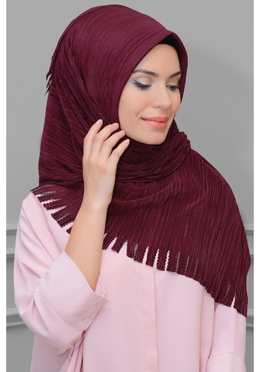 Bordo Pratik Hazır Geçmeli Tesettür Eşarp Fukuro Piliseli Saçaklı (545491452) Bordo