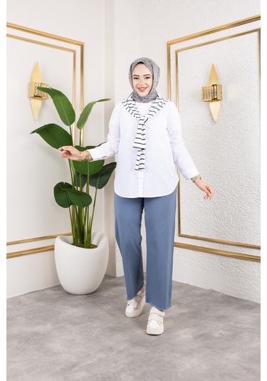Nevayla Moda Beli Lastikli Keten Pantolon - Mavi / A0104 Mavi