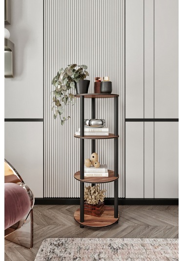 Dekoratif Masivo Kitaplık 4 Katlı 34 Çap Yuvarlak Çok Amaçlı Raf Ceviz