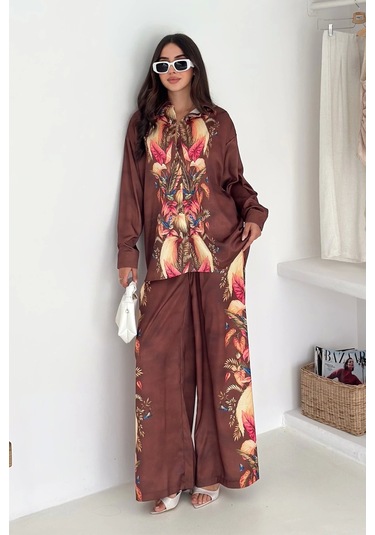 Saten Kumaş Desenli Takım Kahverengi Kahverengi