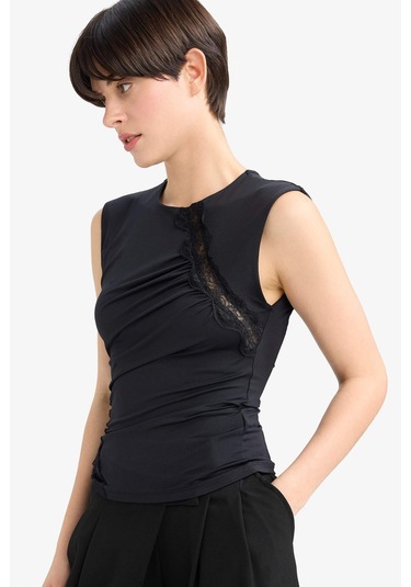 Defacto Slim Fit Dar Kesim Bisiklet Yaka Dantel Detaylı Kolsuz Bluz G4116ax25aubk81 Siyah-bk81