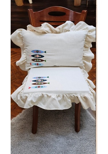 El Yapımı Buldan Yıkanmıs Keten Balık Nakıslı Fırfırlı Sandalye Minderi Naturel