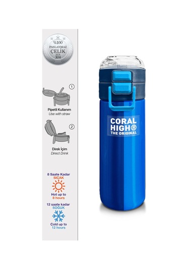 Coral High Kids Renkli Çizgili Desenli Pipetli Ve Direkt İçim Çelik Termos 500 Ml 31895 Mavi - Gri