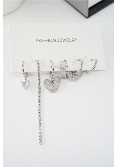 Kadın Vip Seri Helix Kalp Ve Su Yolu Zirkon Taşlı 6'lı Küpe Seti Çok Renkli