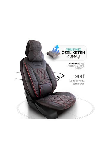 Panda Marmaris Serisi Keten Kumaş Oto Koltuk Kılıfı - Siyah - Kırmızı